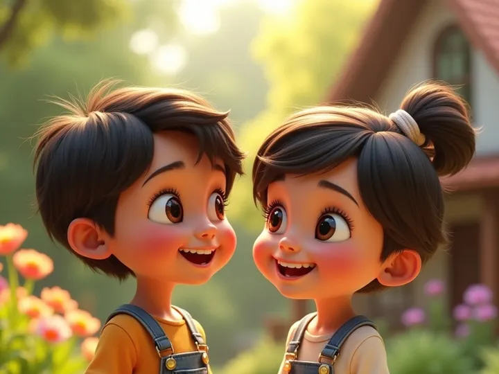 wo cheerful cartoon children stand smiling in village.