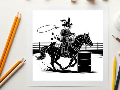 Bunny silhouette riding a horse around a barrel racing silhouette