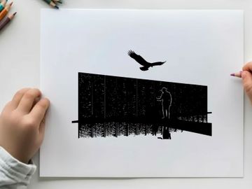 Silhouette of man and bird on a reflective surface with grid wall preview picture