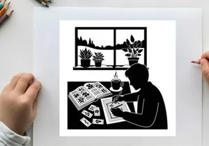 Silhouette of a person reading newspaper by the window with plants