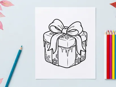 Christmas gift box with bow and snowflakes line art illustration for coloring page