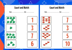 10 Pages Count and match with the correct number. Matching education game. Count how many items and choose the correct number