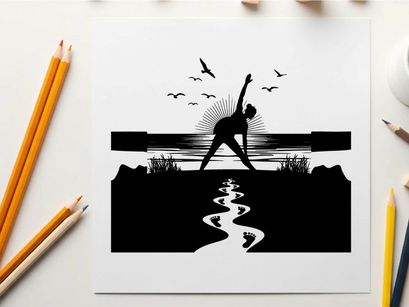 Silhouette of a person practicing yoga near a serene body of water with birds