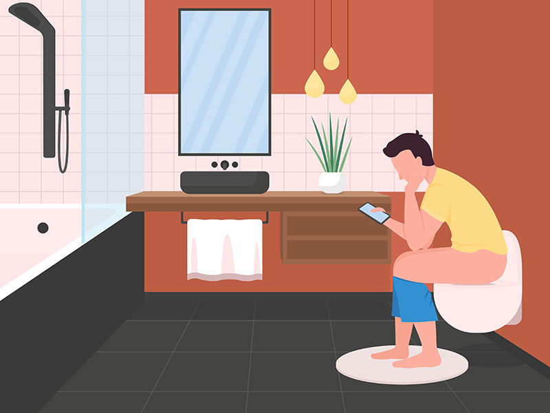 Man on toilet with phone flat color vector illustration