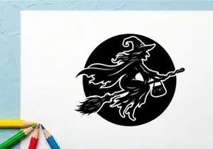 Black witch riding broomstick in moonlit night with silhouette style