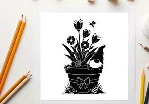 Silhouette of a dog peeking from behind flowers in a decorated pot