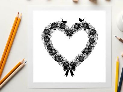 Heart shaped wreath silhouette with roses and birds