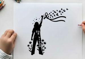 Silhouette of survivor releasing birds with ribbon symbolizing hope and freedom