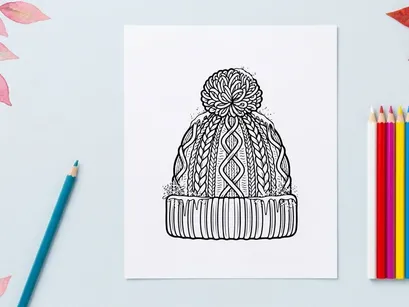 Topi rajutan musim dingin dengan pompom dan kepingan salju, ilustrasi seni garis hitam putih.