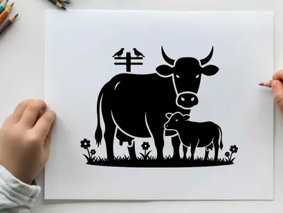 Cow and calf silhouette in a serene natural setting silhouette