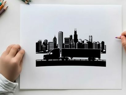 Truck driving across bridge with city silhouette