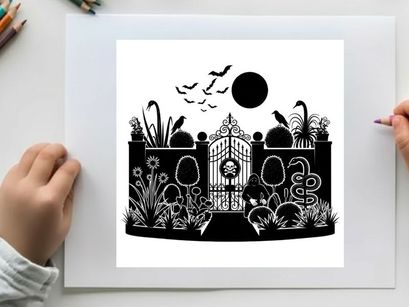 Silhouette of a spooky garden gate with skull and moon