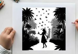 Silhouette of a woman releasing butterflies in a tropical paradise