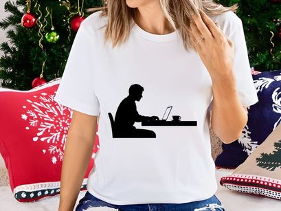 Woman working on laptop with coffee minimalist silhouette