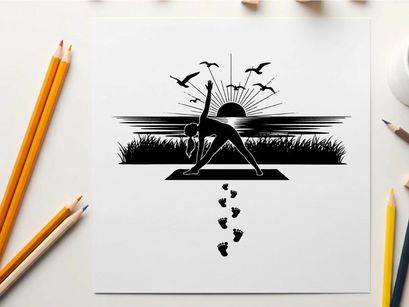 Silhouette of a woman practicing yoga at sunrise with birds flying overhead silhouette