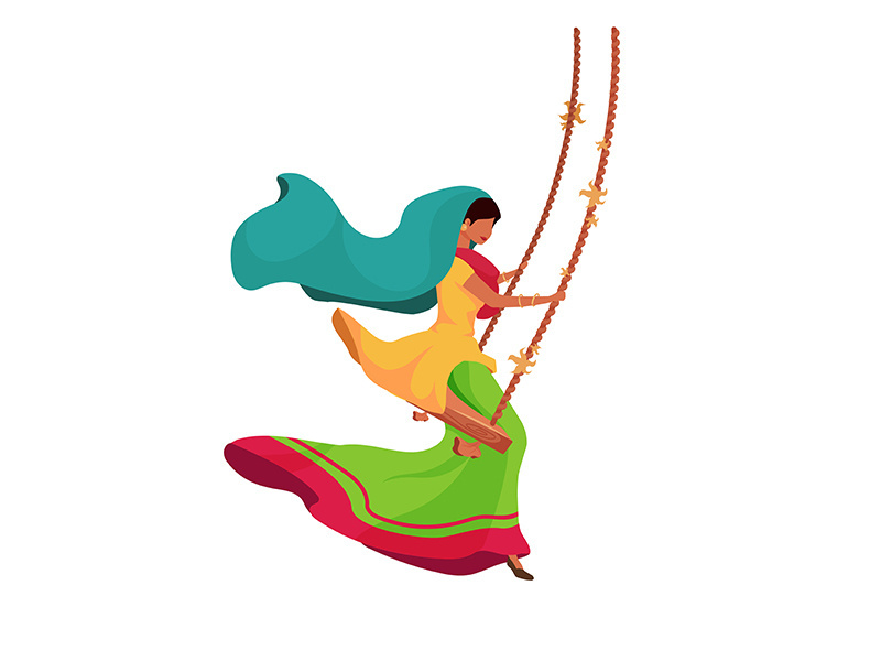 Indian woman on swing flat color vector faceless character