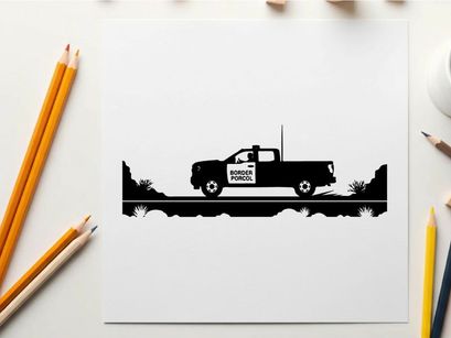 Silhouette of a pickup truck driving on a road with trees