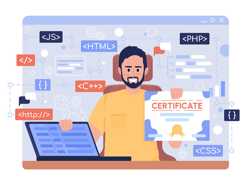 Man holding certificate 2D vector isolated illustration