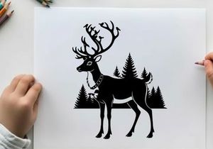 Reindeer silhouette with bells and christmas trees background