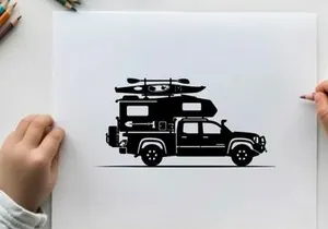 Silhouette of a truck with kayak and tent on top for outdoor adventure