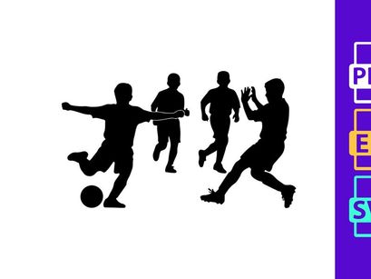 Silhouette of soccer players in action kicking and running with ball