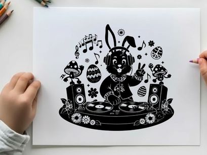 Easter bunny dj silhouette spinning records with easter eggs