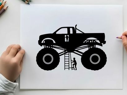 Silhouette of a monster truck with a person climbing