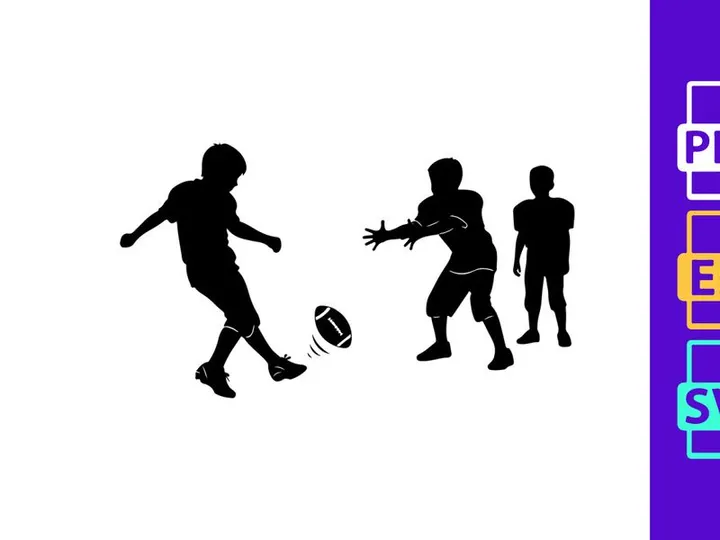 Silhouette of three boys playing rugby with a ball on a field