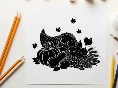 Silhouette of cornucopia with fruits and leaves