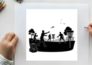 Silhouette of people playing disc golf in a park with trees and baskets