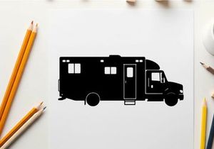 Silhouette of a large recreational vehicle or motorhome against a white background