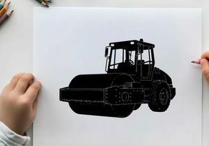 Silhouette of a road roller construction vehicle