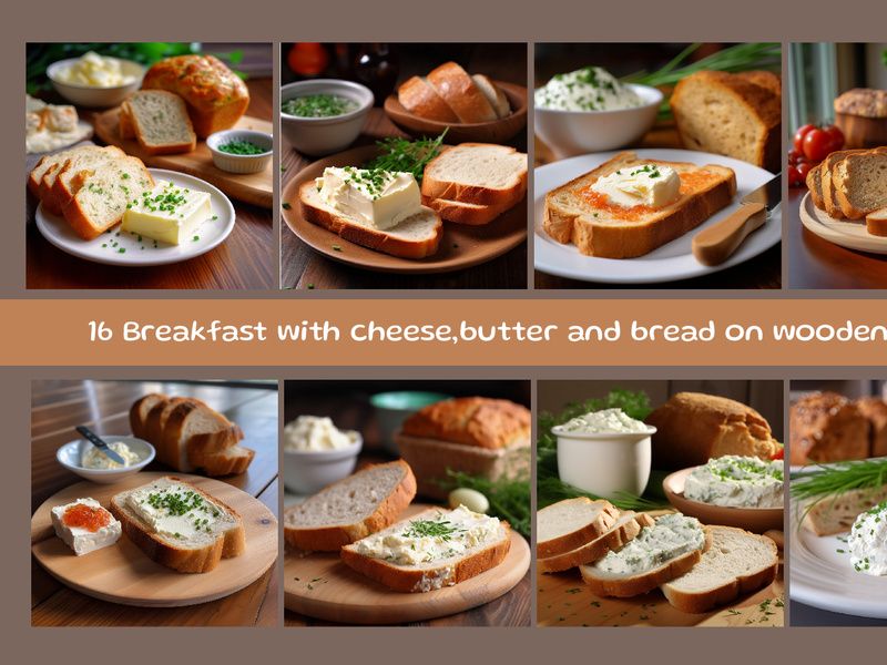 Breakfast with cheese,butter and bread on wooden table