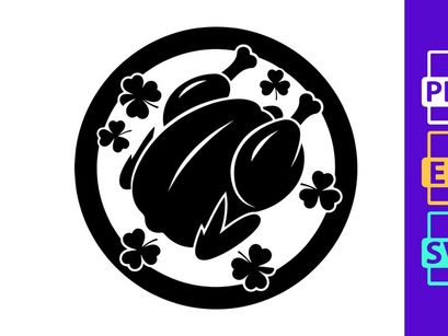 Roast Chicken Silhouette with Shamrocks Circle Icon