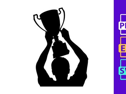 A triumphant silhouette of a person holding a trophy aloft in victory and celebration