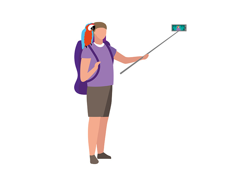 Travel blogger with parrot on shoulder semi flat color vector character