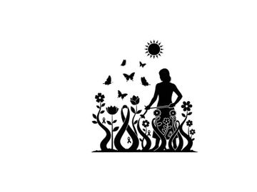 Woman silhouette standing in a garden with butterflies and flowers under the sun silhouette preview picture