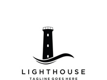 Sea lighthouse tower building creative logo with spotlights vintage vector template.