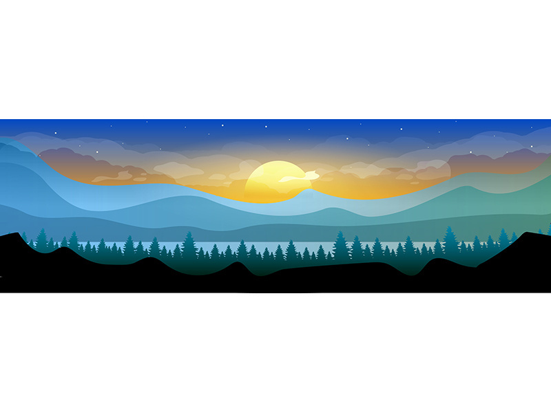 Sunrise in woodland flat color vector illustration