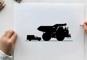 Silhouette of a large mining truck and small transport vehicle