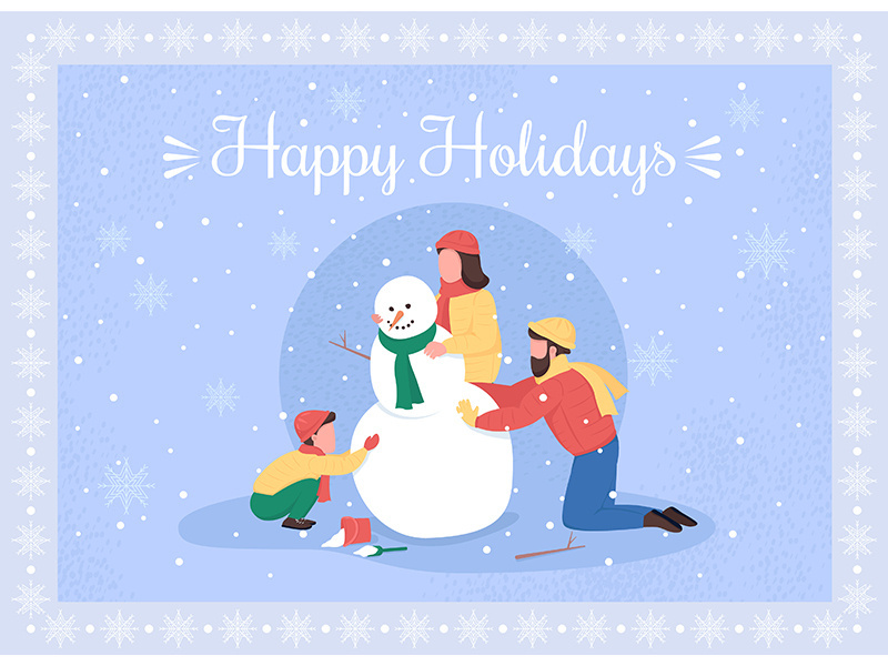 Family make snowman greeting card flat vector template