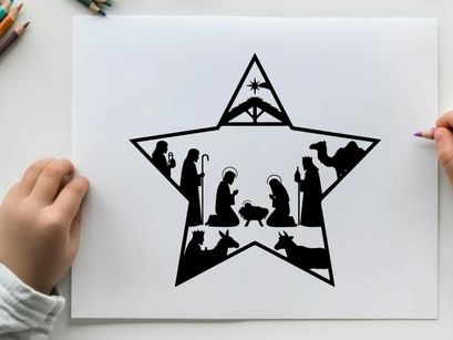 Nativity scene silhouette within a star shape christmas icon
