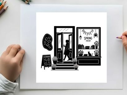 Silhouette of a woman entering a spring themed storefront