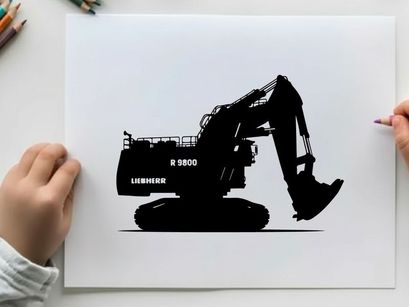 Silhouette of a black excavator on a white background