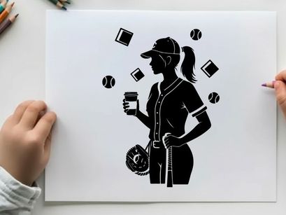 Silhouette of a female baseball player with coffee cup