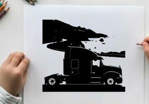 Silhouette of a semi truck on a coastal road with mountains
