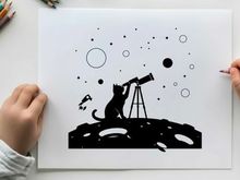 Curious cat exploring the universe silhouette stargazing
