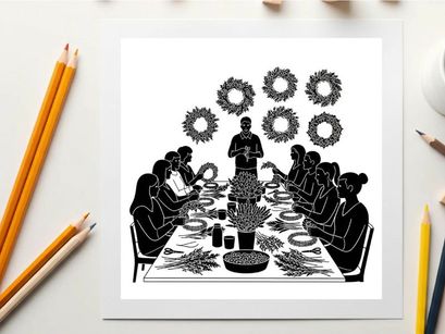 Black silhouette illustration of a large family gathered for a holiday meal