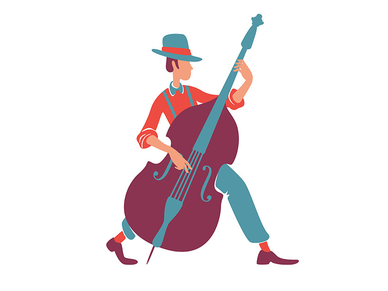 Jazz band musician with double bass flat color vector faceless character