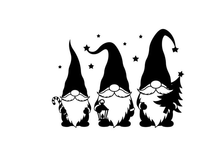 Three gnomes silhouette with christmas tree and stars